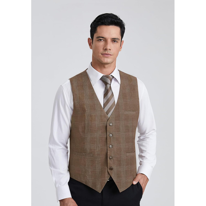 HISDERN Жилет чоловічий в клітинку, класичний, бавовна, для весілля, в стилі 'Hahnentritt', під костюм (S, Коричневий / Хакі)