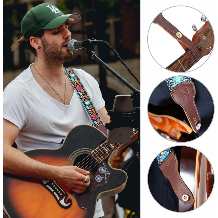 Гітарний ремінь Nefelibata Banjo-Gurt, 5,1 см, повна шкіра з телячої шкіри, вишивка квітів