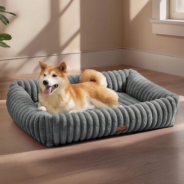 BEDSURE Лежанка для собак великих порід - ортопедична лежанка для собак 91x68x20 см з м'яким флісовим покриттям, ковзаюча лежанка з високим бортиком сірого кольору L 91 x W 68 x H 20 см