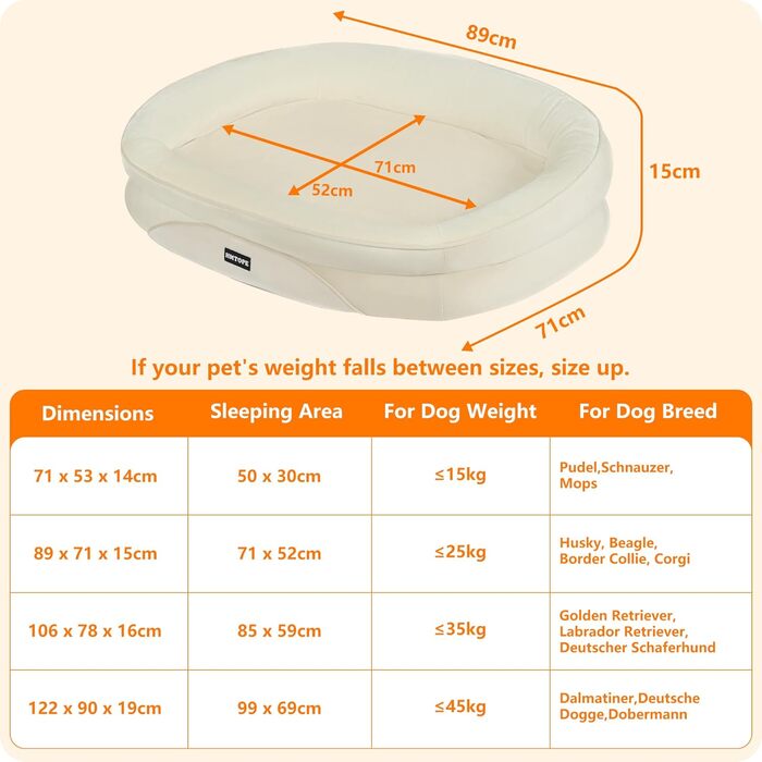 Ортопедичне ліжко для собак, ліжко-софа для собак з підковоподібним валиком, неслизьке дно, кошик для собак, знімне та пральне, середні та великі породи, 106 x 79 x 17 см (90 x 71 x 15 см), бежеве