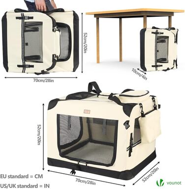 Транспортна переноска для собак та котів VOUNOT, складана, 82x60x60 см XL, з металевим каркасом та ручками, сітка, дихаюча, бежева