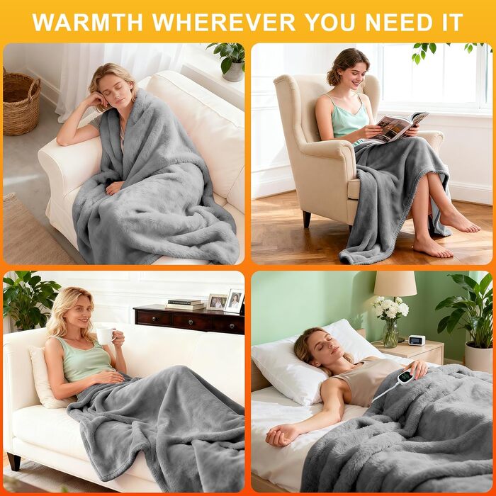 Електрична ковдра Aischens з фланелі, бавовни та шерпи, 130x180 см, двошарова, швидкий нагрів 30S, захист від мікроорганізмів, режим сну, 6 температурних режимів, таймер 1-10 годин, захист від перегріву, сірий колір