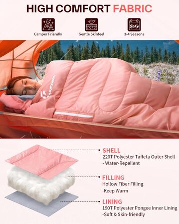 Сплячий мішок Sportneer Outdoor - ковдровий спальний мішок 3-4 сезони для дорослих, теплий, для кемпінгу, подорожей та активного відпочинку (200x85см, Рожевий)