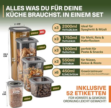 Набір контейнерів для зберігання продуктів 12 шт. з кришкою, BPA-Free, для круп, борошна, спецій, органайзер для кухні, герметичні контейнери для харчових продуктів (12 контейнерів + 6 дозаторів для спецій)