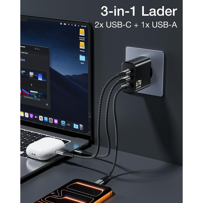 Зарядний пристрій USB-C 67W 3-Port PD PPS для MacBook, iPhone, Samsung Galaxy, iPad, Pixel - Чорний