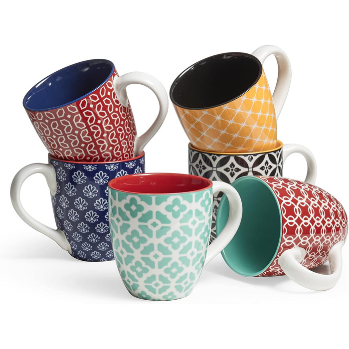 DOWAN Coffee Mug Set, 6 x 560 ml Porcelain Coffee Cups, Large Cups in Chinese Traditional Pattern Style for Coffee, Milk, Tea & Hot Chocolate, Coffee Mug Multicolor