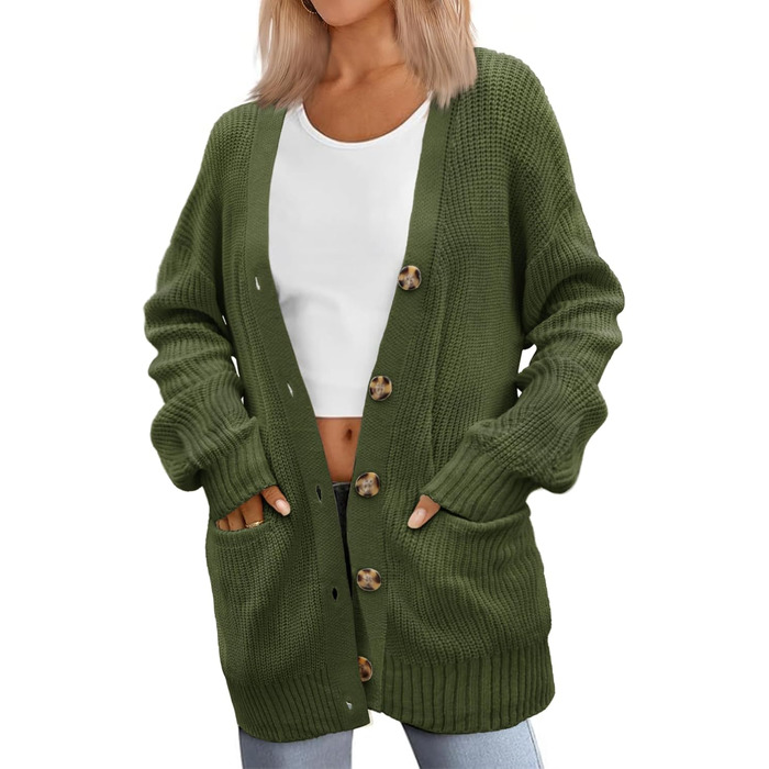 Жіночий в'язаний кардиган Zeagoo з довгим рукавом, вільний крій, V-подібний виріз, грубий в'язання, на кнопках, для осені/зими (зелений, S)