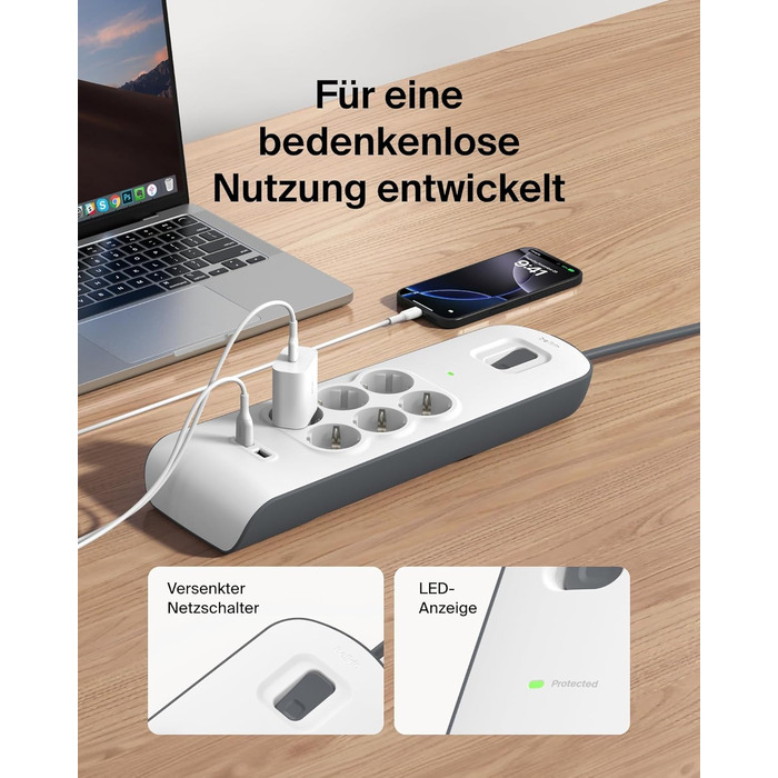 Мережевий фільтр Belkin з USB, 8 розеток, 2.4A, 2м кабель, для дому та офісу