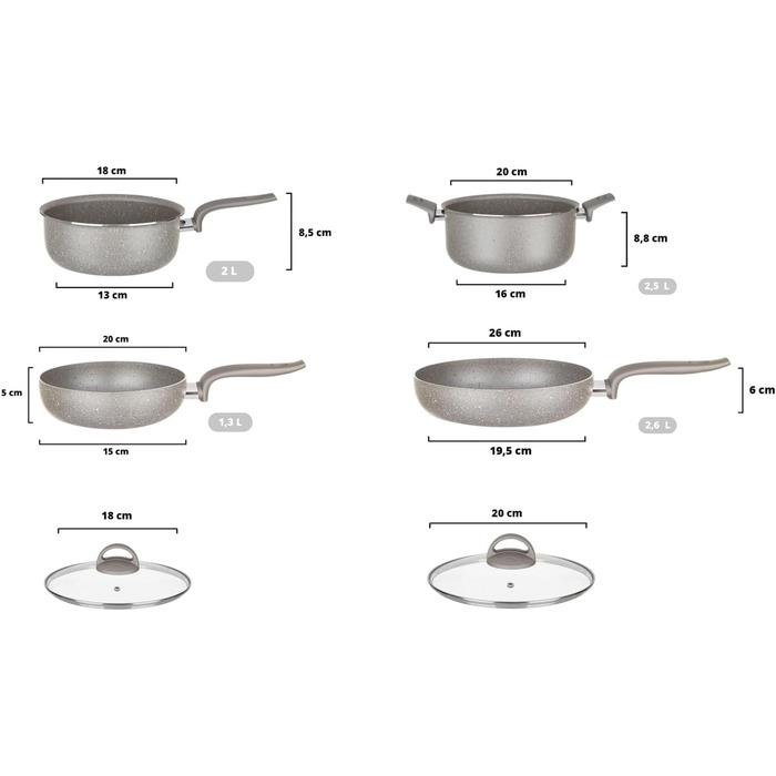 Набір каструль KASANOVA для традиційних плит, антипригарне покриття, набір посуду, здорове, швидке та рівномірне приготування їжі. Виготовлено в Італії (6 предметів)