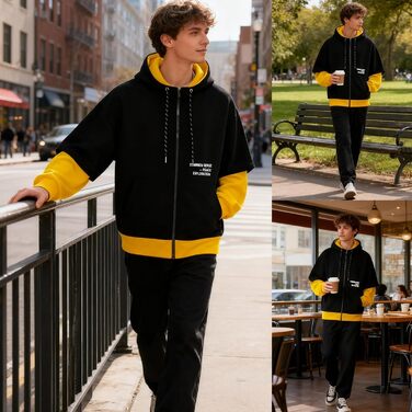 Чоловіча толстовка з капюшоном RUIZEHONG з блискавкою, спортивна куртка, блоковий колір, повсякденний стиль, з кишенями, біло-чорна (чорно-жовта, L)