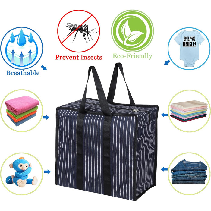 Double R Bags Multi-Purpose Canvas Shopping Bag, Extra Large, Durable, Reusable, with Strong Handles and Zippered Bottom (2 Pack, Navy Blue)