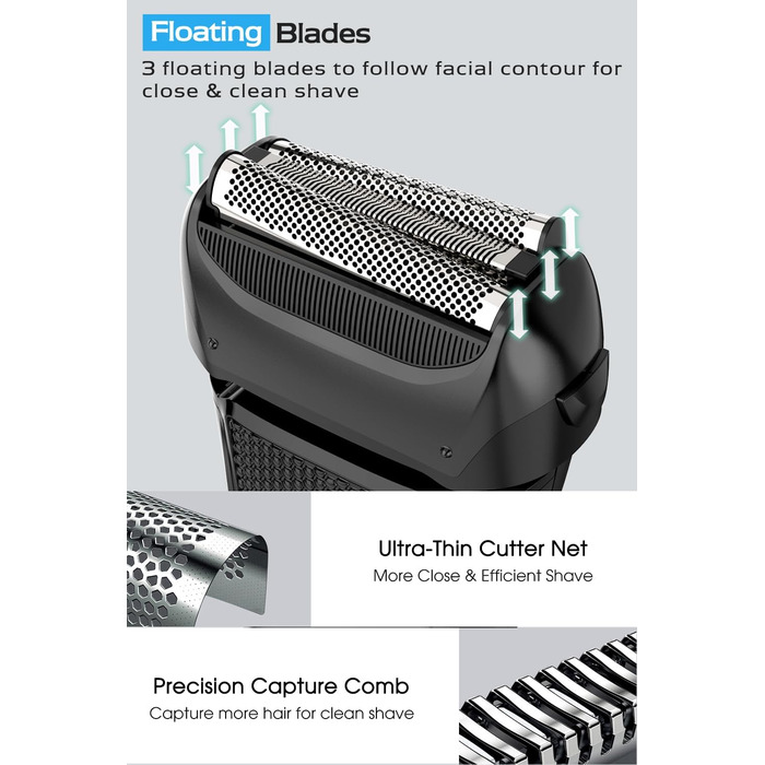 Електрична бритва чоловіча з 3 гнучкими лезами та чохлом для подорожей, тример для точного гоління, вологостійка/суха, 120 хв роботи, акумуляторна, подарунок для чоловіків, чорна
