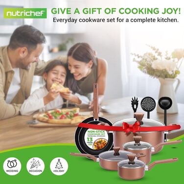 NutriChef 13-Piece Cookware Set | Non-Stick Pot and Pan Set for Induction | Pots Set for Gas, Electric & Ceramic Cooktops | PFOA-Free | Aluminum Pan Set with Ergonomic Brown Handles