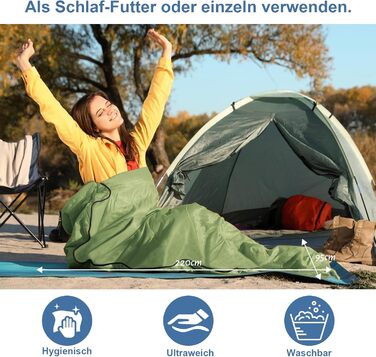 Спальний мішок для кемпінгу 2в1, мікрофібра, 220x95 см, зелений