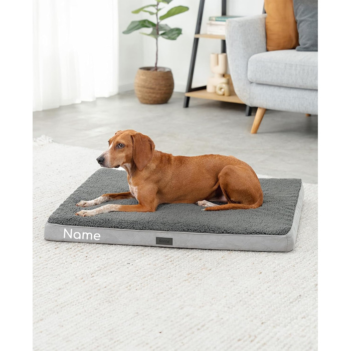 Ортопедичне ліжко для собак Lionto, 60x40x8 см, міцне лежання з м'яким плюшем, знімний та пральний чохол, водовідштовхувальне, підходить для собак та котів (L 91 x W 69 x H 8 см з нанесенням імені, сірий)