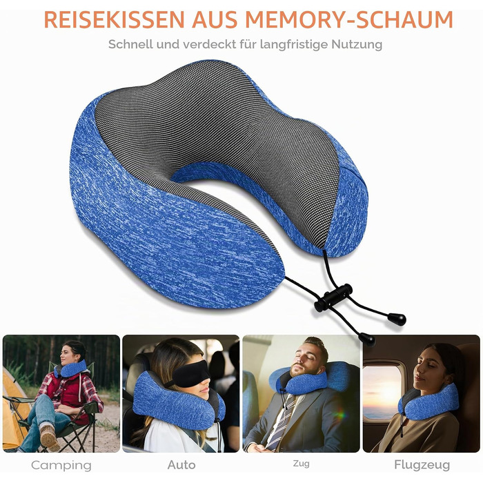 Подушка для подорожей під шию з ефектом пам'яті (Memory Foam) для літака та авто, синя, з 3D-маскою для сну та берушами