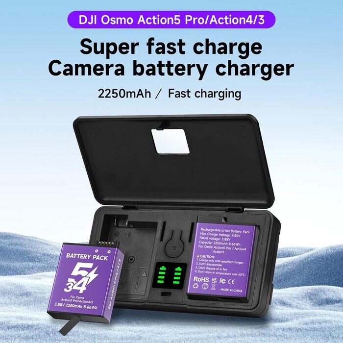 CITYORK Зарядний пристрій для DJI Osmo Action 3/4/5 Pro з 2250 mAh акумуляторами (2 шт.), Dual USB, LCD-дисплей