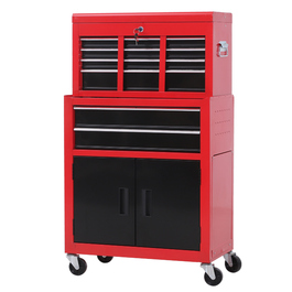 HOMCOM Workshop Trolley with Tool Box, Empty and Lockable Tool Trolley with 6 Drawers, Cupboard Compartment, Anti-Slip Mats, 2 Keys, Tool Cabinet Metal Red+Black | Aosom