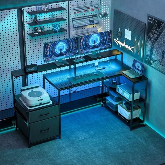 Ігровий L-подібний стіл з LED-підсвіткою та розетками, 165x80x91.5 см