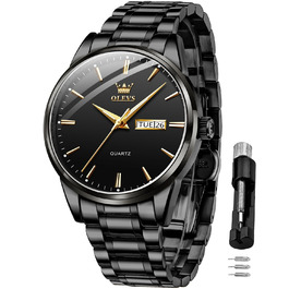 Чоловічий годинник OLEVS класичний, кварцовий, золотисто-чорний зі сталевим ремінцем, водонепроникний, з датою та підсвічуванням