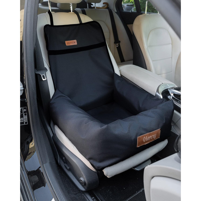 Крісло для собак у машину Petsen з іменем, чорне, для маленьких собак, з поводом