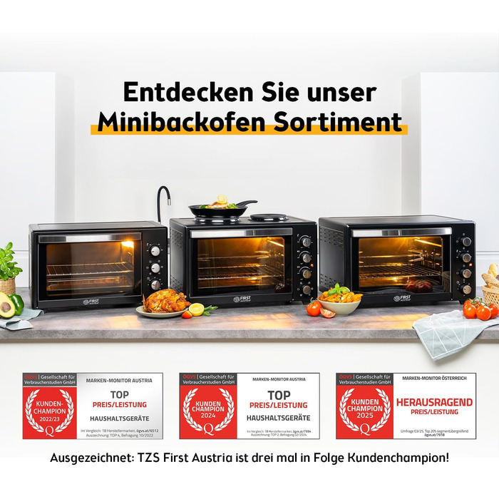 Міні-піч TZS First Austria 45L з плитами 3200W - піч для піци з антипригарним покриттям та 4 рівнями для запікання
