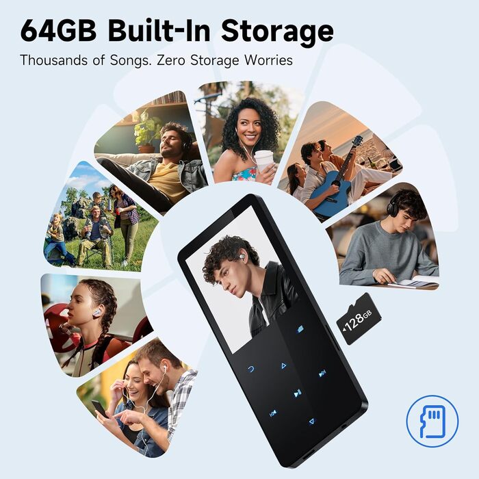 MP3 плеєр 64GB з Bluetooth 5.3, чорний: портативний музичний плеєр з динаміком, диктофоном, FM-радіо, підтримкою карт пам'яті до 128GB