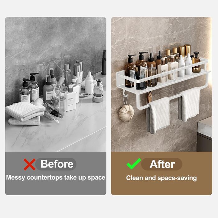 Поличка для душу Devesanter без свердління, 2 шт. з тримачем для рушників та 6 гачками. Органайзер для ванної кімнати, спальні, кухні (40 см, білий)
