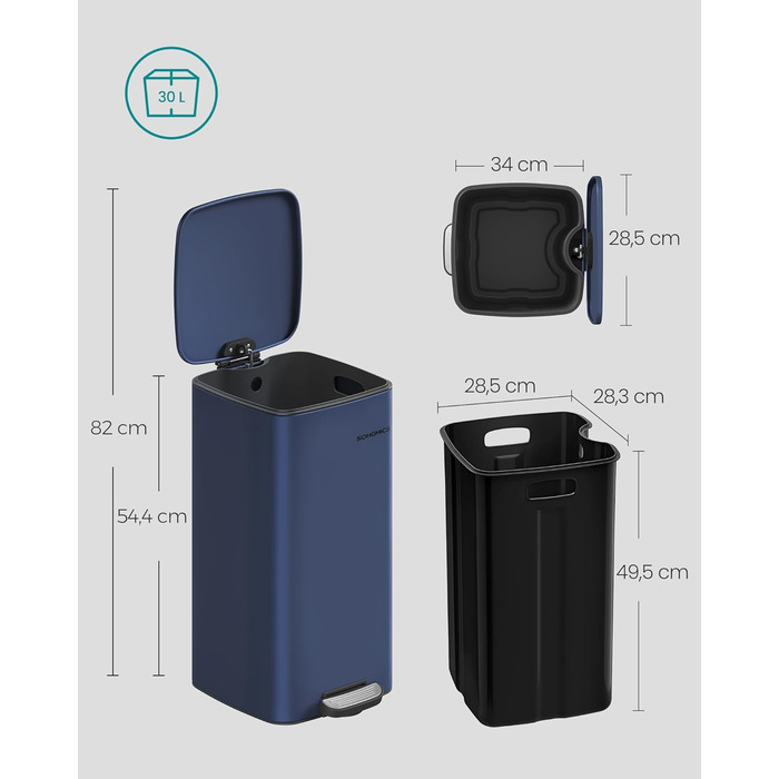 Відро для сміття SONGMICS з педаллю, 30 л, сталеве, з внутрішнім відром, Soft-close, LTB592E01 (темно-синій)