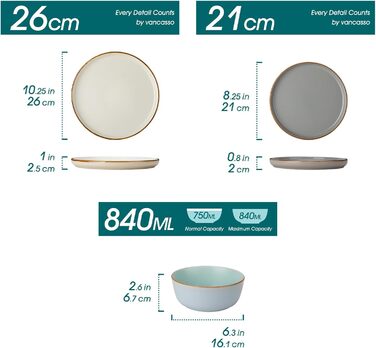 Набір посуду vancasso RENO 36 предметів: тарілки, супові тарілки, десертні тарілки, миски. Набір посуду з кераміки для 6 осіб, сучасний дизайн, безпечний для миття в посудомийній машині та розігріву в мікрохвильовій печі.