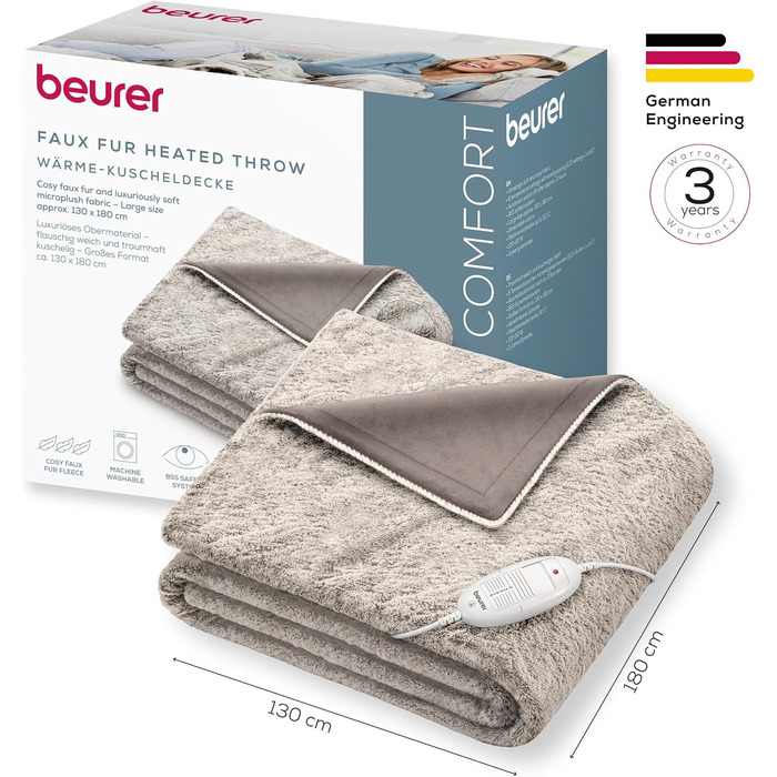 Електрична ковдра Beurer HD 75 Nordic з штучним хутром, 6 температурних режимів, автовимкнення, 180x130 см, бежево-коричнева