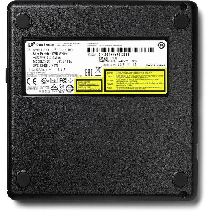 Зовнішній DVD-привід Hitachi-LG GP60, портативний Slim DVD-записувач та плеєр для ноутбука, USB 2.0, швидкість 8x, сумісність з Windows та Mac OS, чорний
