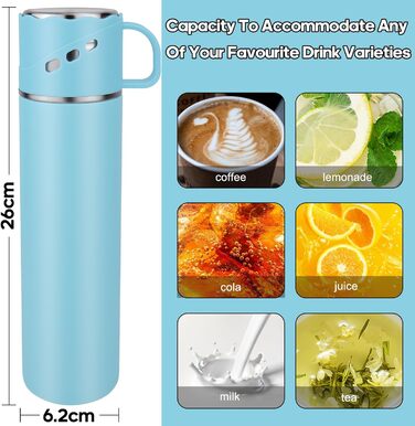 Термос з нержавіючої сталі 550 мл - термос-пляшка без протікань з чашкою та ручкою, вакуумний термокухоль 12 год гаряче / 12 год холодне, неслизький келих для кави в дорозі для спорту, роботи, школи, авто (Блакитний)