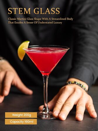 Набір келихів для мартини, 6 шт, 160 мл. Прозорі келихи для коктейлів з ніжкою, багаторазові, BPA-free, придатні для миття в посудомийній машині. Ідеально для барів, Margarita, Whiskey, Gin, Tequila