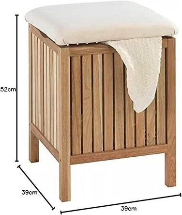 WENKO Badhocker Norway with Laundry Hamper, Storage Bench with Upholstered and Flip-Up Seat as Lid, Solid Walnut Wood, Oiled, Capacity 65 L, (W x H x D): 39 x 52 x 39 cm, Natural