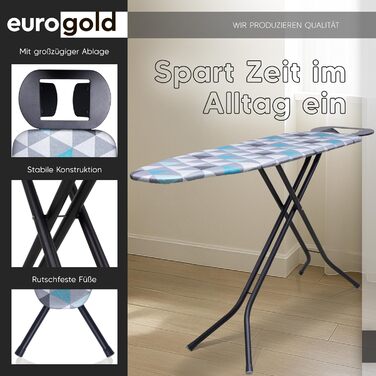 Прасувальна дошка EUROGOLD для парогенератора 120x38 см з регулюванням висоти, з відбиваючим покриттям, стабільна та компактна, Made in Europe, Lagune