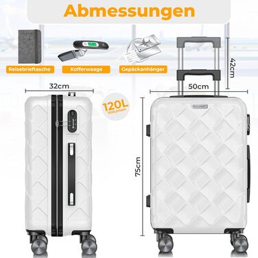 Валіза KESSER® 120L з ABS-пластику з кодовим замком, вагами та органайзером | Чемодан на колесах для подорожей та бізнесу (75cm, білий)