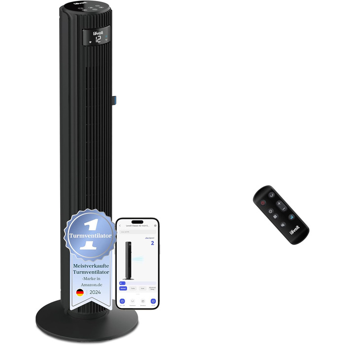 Вентилятор Levoit - Турбовентилятор з охолодженням, з пультом дистанційного керування, з режимом сну, 5 швидкостей, 4 режими, таймер 12 год, сірий, висота 92 см