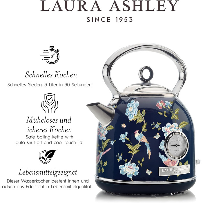 Laura Ashley Elveden Stainless Steel Cordless Electric Kettle - 1.7L, 2.2kW, with Temperature Display & Overheat Protection