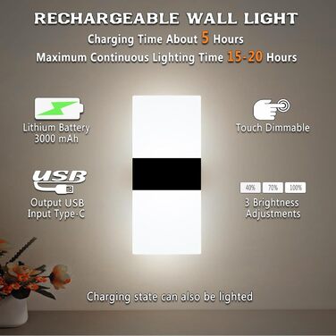 LED-стінна лампа VOMI з датчиком руху, акумуляторна, бездротова, USB-зарядка, 4000mAh, для коридору та сходищ, 2 білих світлодіода (сенсорне керування, 6000K)