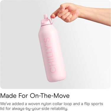 Chilly's Series 2 Flip Bottle - Thermos flask with sport cap, telescopic straw, and nylon carry loop - stainless steel bottle with easy flip opening, straw cleaning brush included