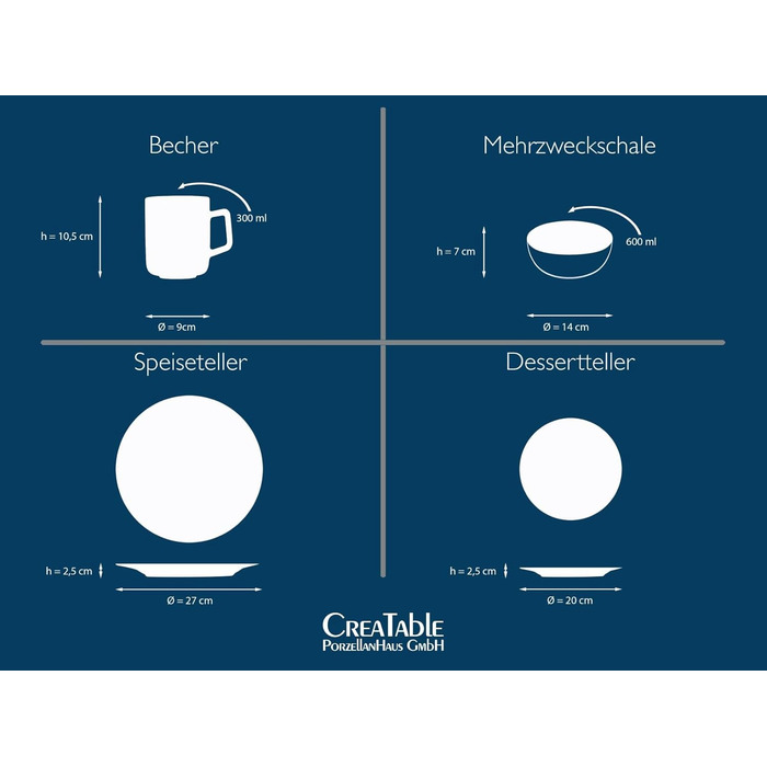 CreaTable Серія Luna Weiss: 12-Piece Geschirrset для 6 осіб, Porzellan, підходить для миття в посудомийній машині та мікрохвильовій печі