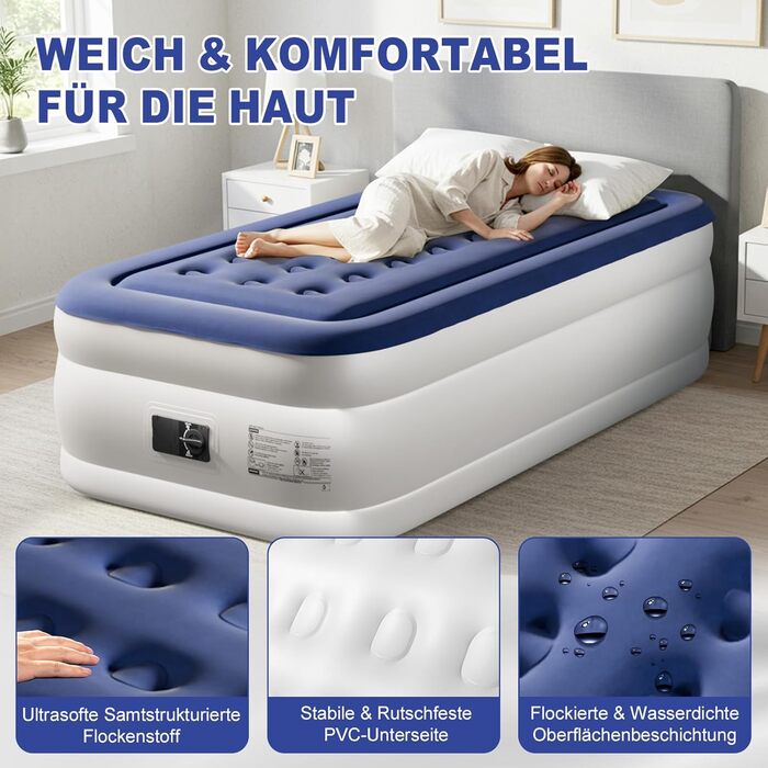 Надувний матрац LEADZM для 2 осіб з електронасосом, 203x152x46 см, сірий (синьо-білий). Флок + PVC, до 295 кг