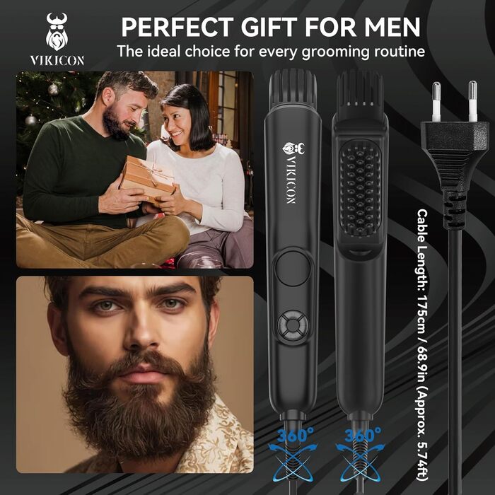 VIKICON 3-in-1 Beard Straightener Brush for Men - Professional Hair Comb & Volumizer with 4 Heat Settings (120-220°C) Iion Beard & Hair Straightening Brush for Home & Travel