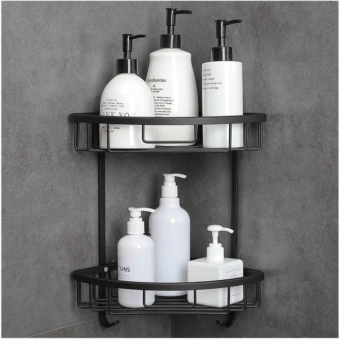 Поличка для душу GRICOL Eck-Duschregal без свердління, металева, кутова, 2 рівні, з гачками, для ванної кімнати, чорна