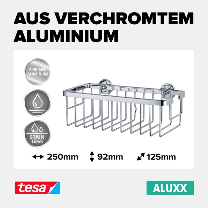 tesa ALUXX Shower Basket, Aluminum, Chrome-plated, guaranteed rust-free, including adhesive solution, deep base, 125 mm x 250 mm x 92 mm