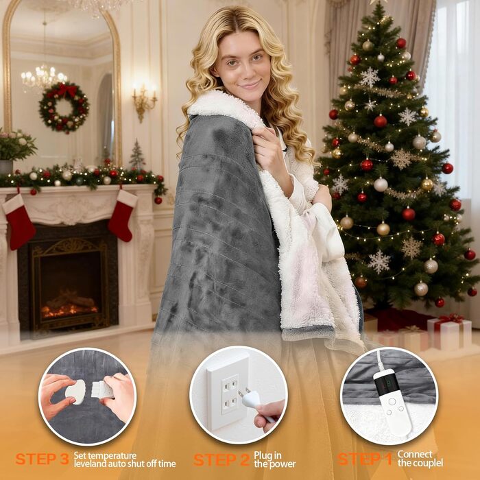 Електрична ковдра з підігрівом 130x180 см з автовимкненням, 10 температурних режимів, таймером, захистом від перегріву, пральна машина, фланелева ковдра для ліжка, дивана та офісу (світло-сіра, 130 x 180 см)