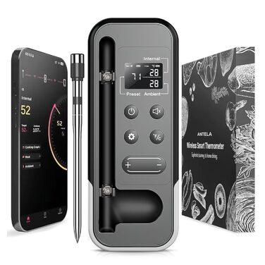 Бездротовий термометр для м'яса ANTELA з Bluetooth 5.3, LCD дисплеєм, сигналом та APP, для приготування на грилі, BBQ, в духовці та коптильні