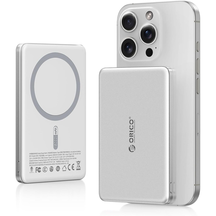 Power Bank Orico Kada Magsafe 5000mAh – Бездротовий павербанк з USB-C, Магнітне підключення, 20W PD, сумісний з iPhone 16/15/14/13/12