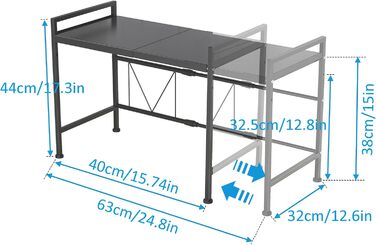 Розширювана підставка для мікрохвильової печі 2-ярусна, органайзер з вуглецевої сталі, кухонна полиця з 10 гачками для тостера та аірфрая (білий)